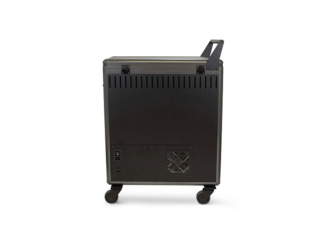 ILLTECxDicota Charging Trolley Â– RÃ¼ckansicht mit Stromanschluss und LÃ¼ftungssystem fÃ¼r sichere Notebook-Aufbewahrung.
